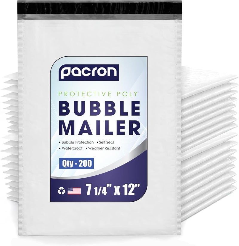 PACRON 200-Pack Waterproof Poly Bubble Mailers 7.25 x 12 - Thick, Durable, Instant Seal Envelopes with Strong Adhesive - Protective Shipping Mailers for Jewelry, Cosmetics, SD Cards, USB Cables - Image 1